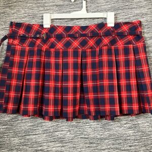 Chic Tartan Belted Pleaded Mini Skirt - Plaid Red and Navy
